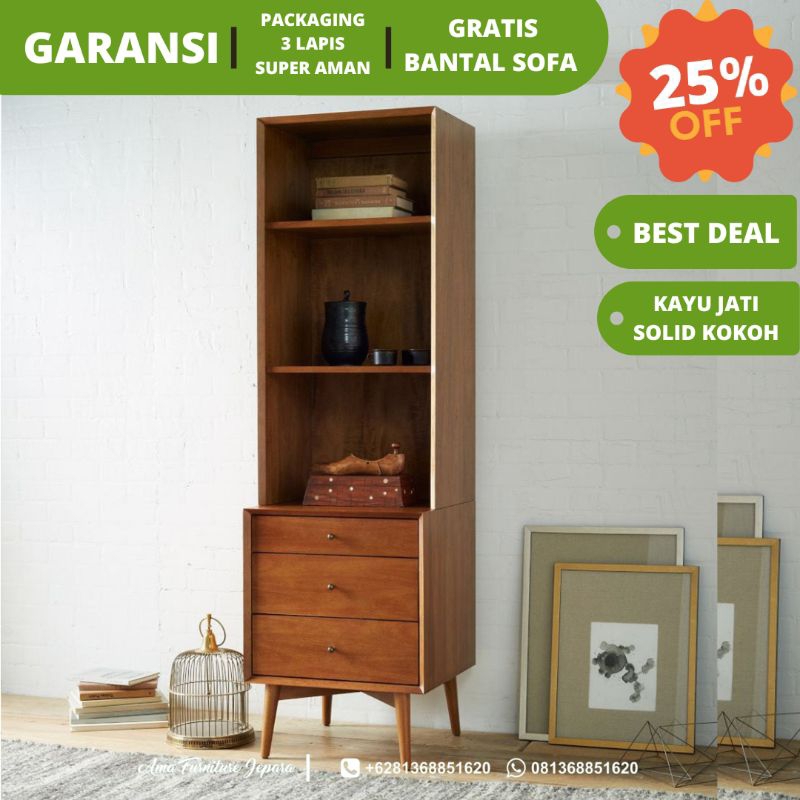 LEMARI BUKU RETRO KAYU JATI SOLID, DRAWER TEAK WOOD SOLID