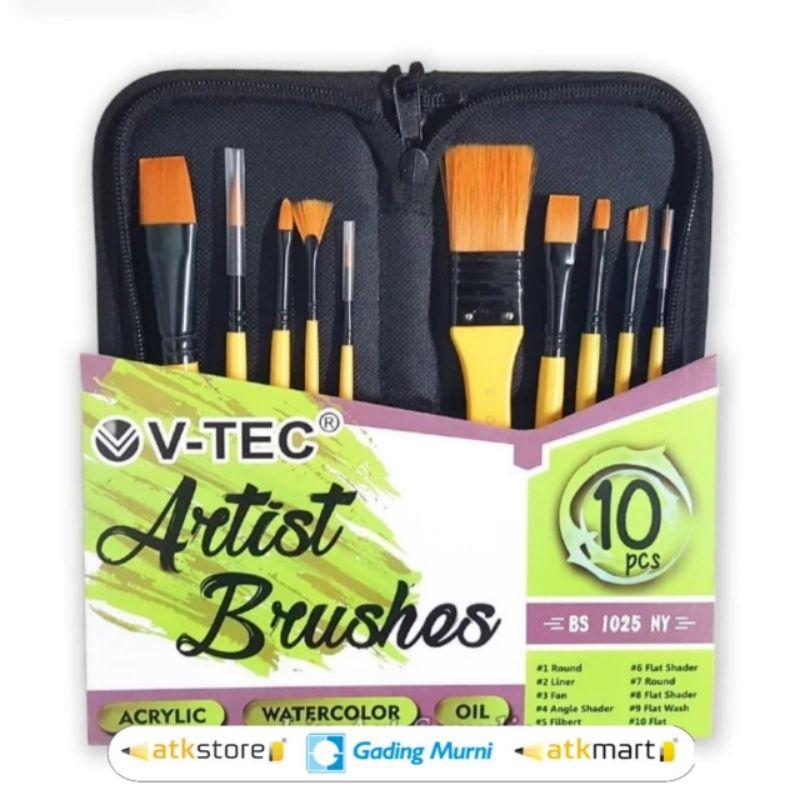 

V Tec Artist Brush Set 10 + Organizer Bag BS 1025NY/10 II V tec Kuas Lukis Set 10