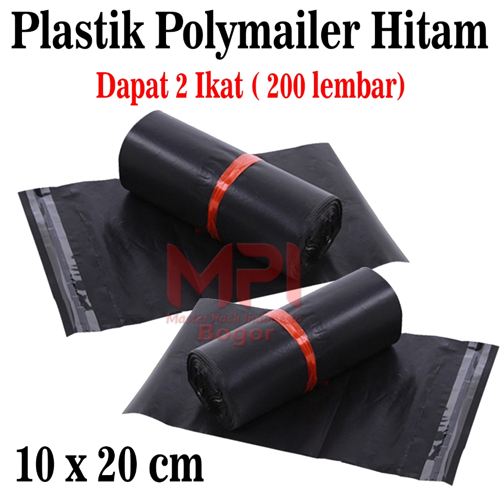 

2 IKAT [ 200 LEMBAR ] Plastik Polymailer Hitam 10 x 20 cm / Plastik Packing Paket - Master Pack Indonesia Bogor