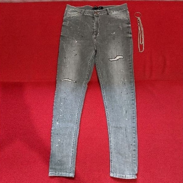 Uprise Paint And Chain Grey Denim Ripped Jeans Biker