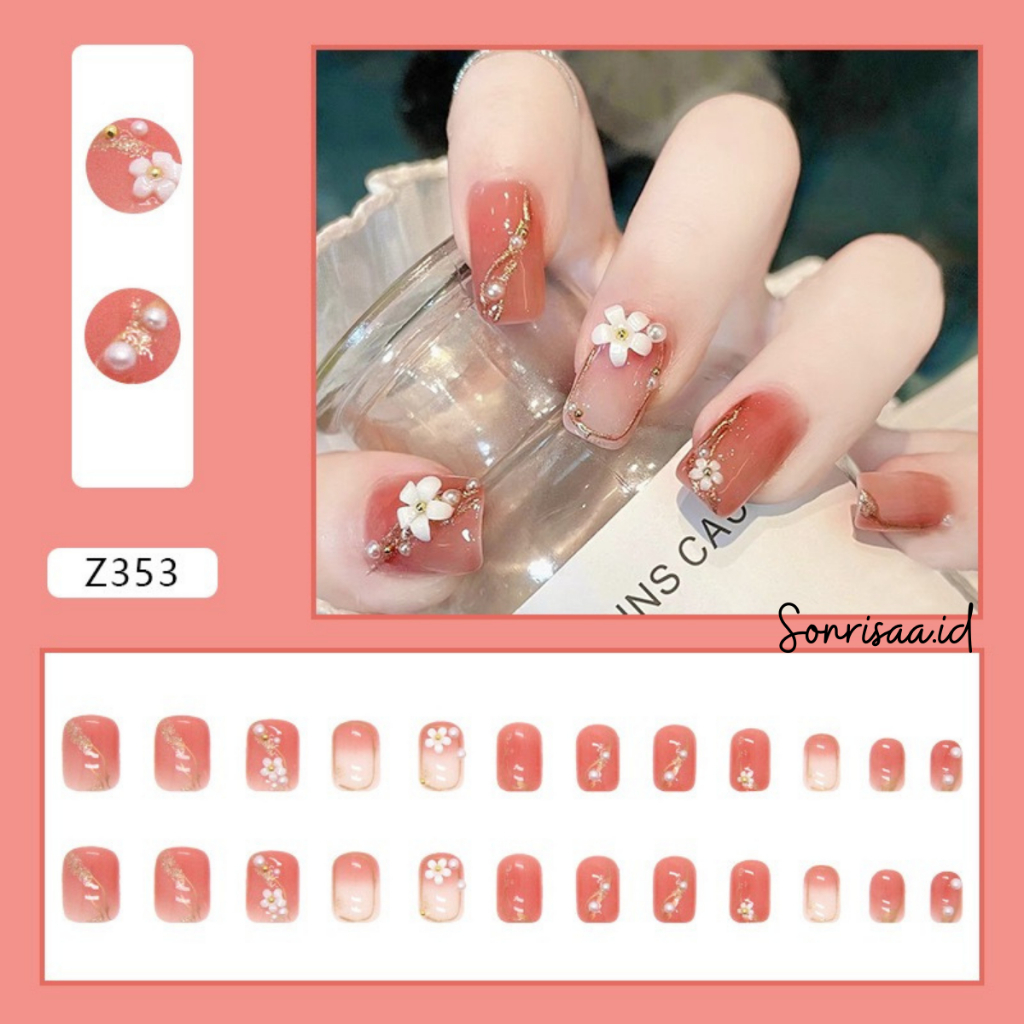 Kuku Palsu 3D Bunga Mutiara Pendek 24pcs (Z353) / Fake Nail / Kuku Palsu Pengantin / Kuku Palsu Wedd