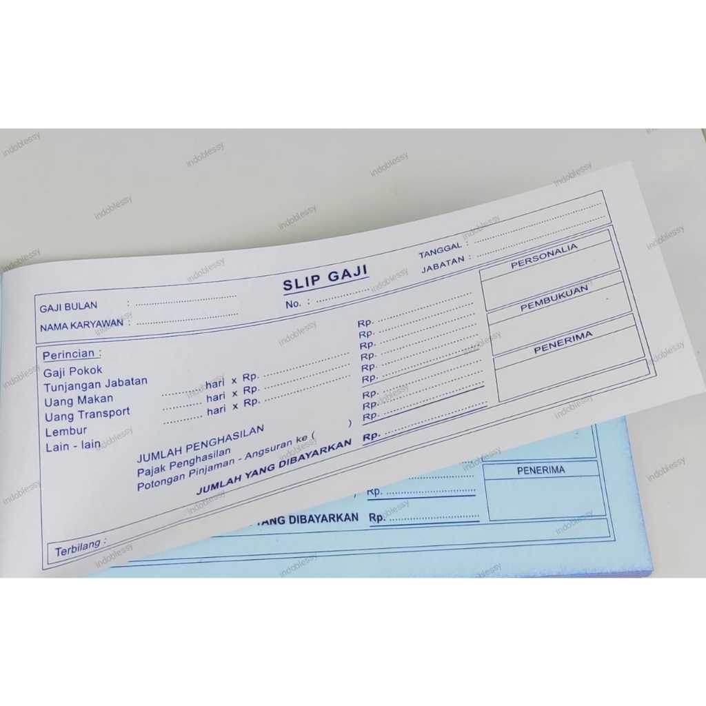 

SLIP GAJI bukti gaji NCR 1/3 FOLIO 2 Rangkap Putih - Biru BUKU KWITANSI UPAH