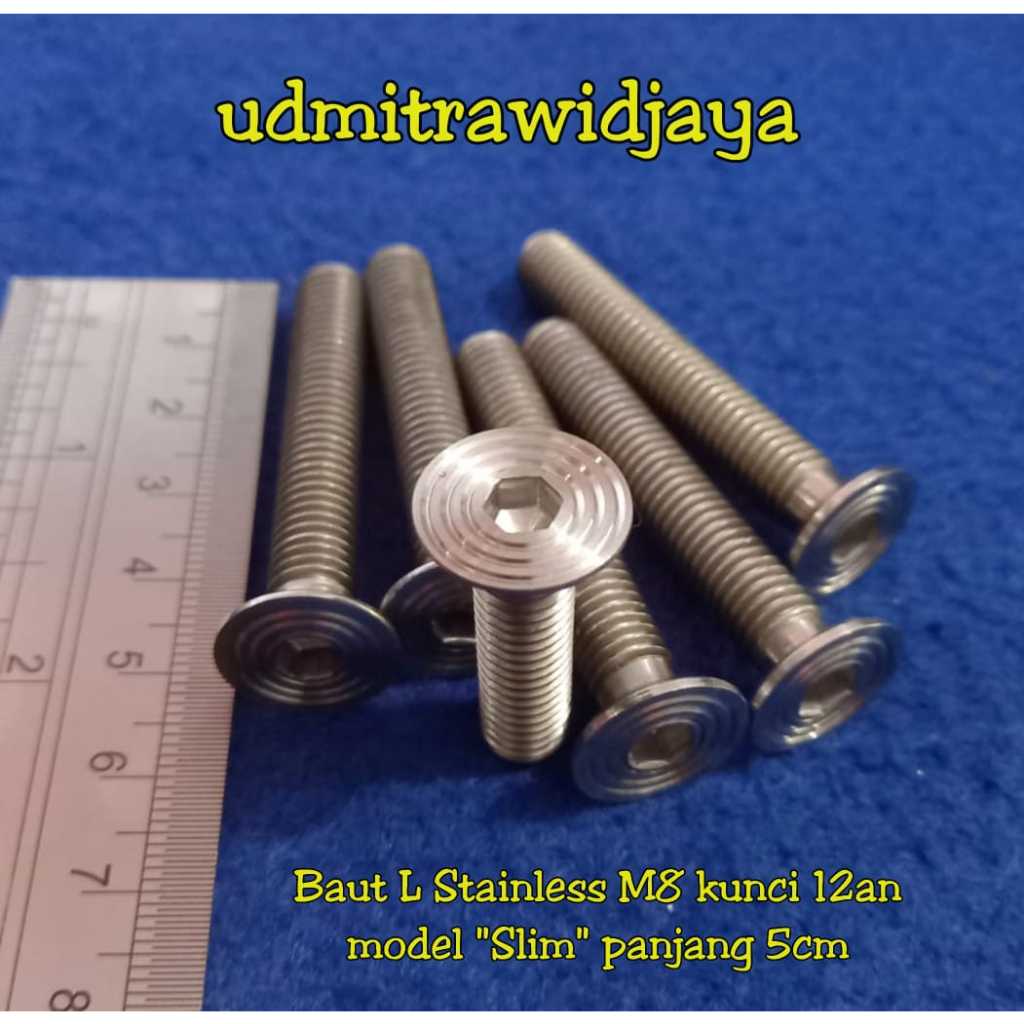 Baut Flat L baut countersink M8x50 5cm baut 12an 13an baut model slim baut bubut model pipih baut kaliper brembotirus verseng L kunci 12/L 5mm panjang 16, 20, 25, 30, 40, 50mm stainless