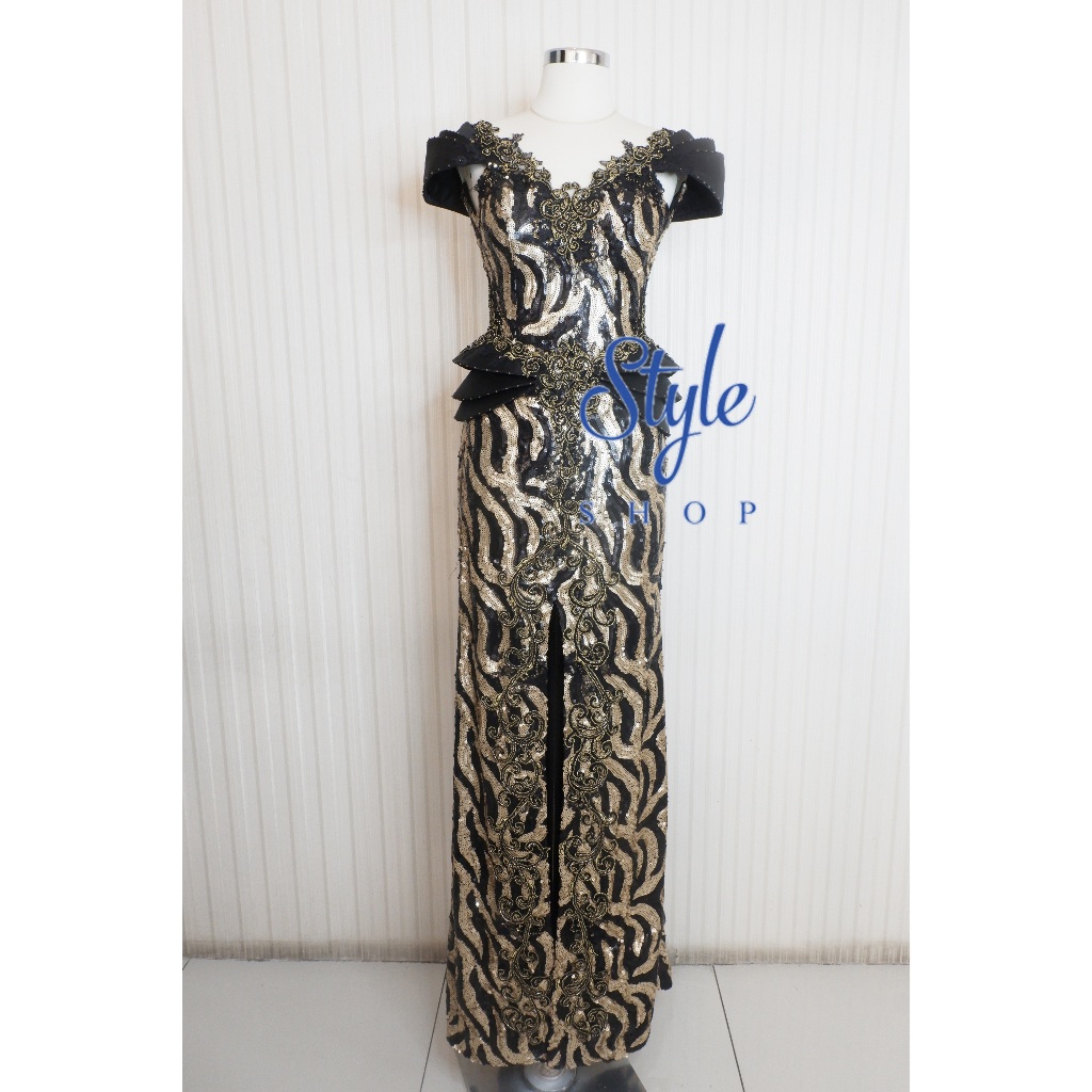 Longdress | Evening Gown | Gaun Malam Black Gold | Hitam Emas Slit Depan 7112