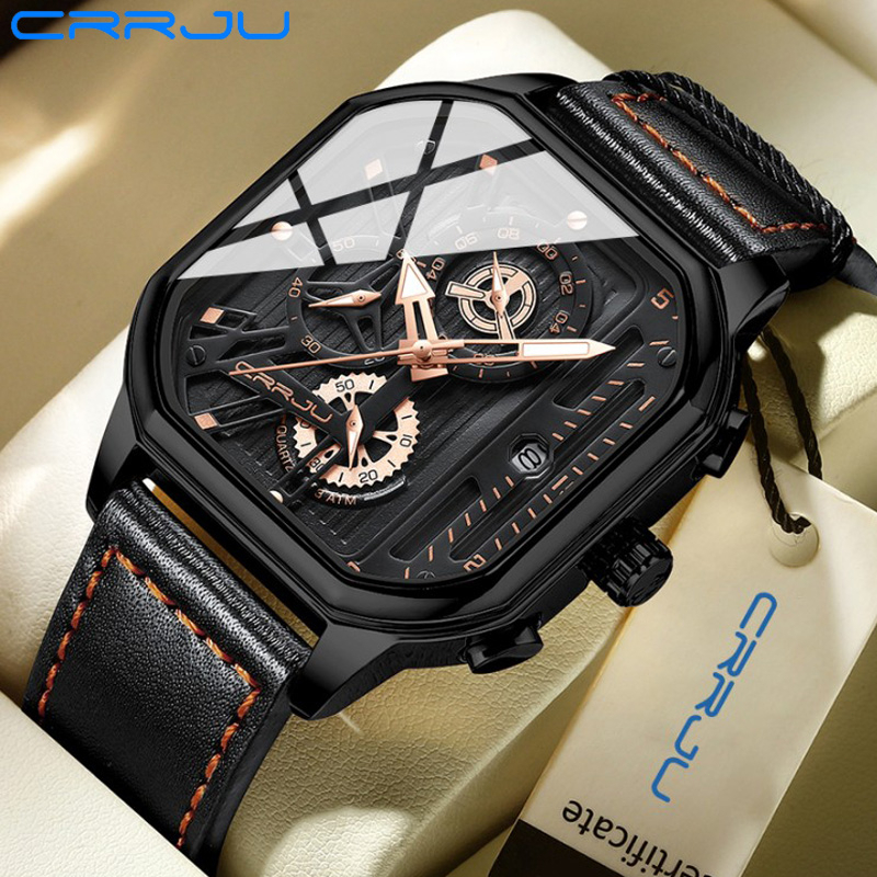 CRRJU Jam Tangan Pria Original Fashion Square Dial Kulit Mewah Tahan Air Watch Man Chronograph Quart