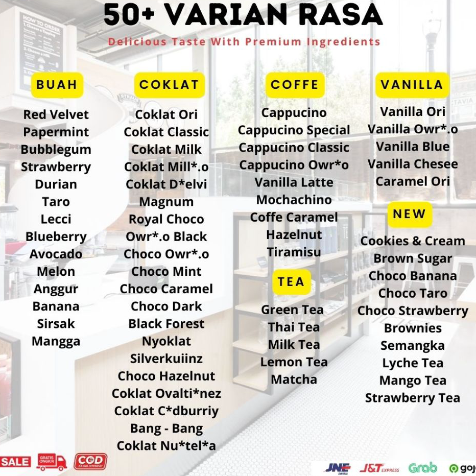 

Murah Banget BUBUK MINUMAN RASA PREMIUM 250 GRAM SERBUK MINUMAN KEKINIAN ES BOBA BUBBLE DRINK BUBUK POWDER MINUMAN RASA ➢❈