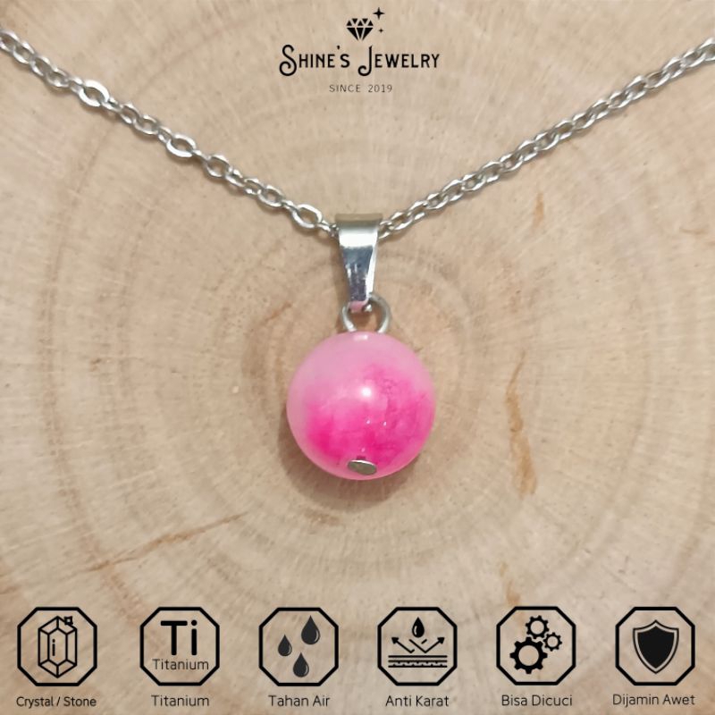 Gems liontin batu giok merah muda berbalut titanium
