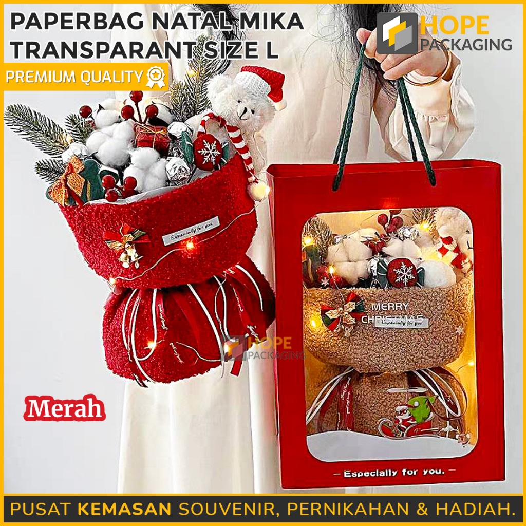 

Paper Box Natal Christmas Window Size : 20x 16x 30 cm / Tas Kado Natal / Paper Bag Xmas / Goodie Bag Souvenir Hampers Natal / Gift Bag Hadiah Souvenir / Paper Gift Transparan / Tas Jinjing Natal Souvenir Kue