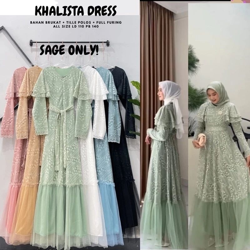 (NEW) Khalista Dress Brukat Mix Tille Polos/ Dress Brukat Kondangan/ Dress Sage Green/ Dress Busui/ 