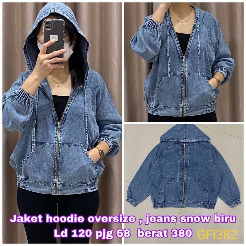 GFI382 Jaket Wanita Jeans denim biru hitam Hoodie resleting jumbo LD120 Pj58