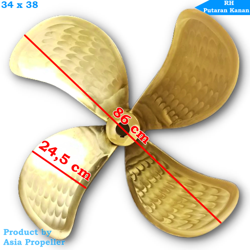 Propeller / Baling baling kapal Kuningan ukuran 34 x 38 Putaran Kanan (RH) 4 daun - Asia Propeller