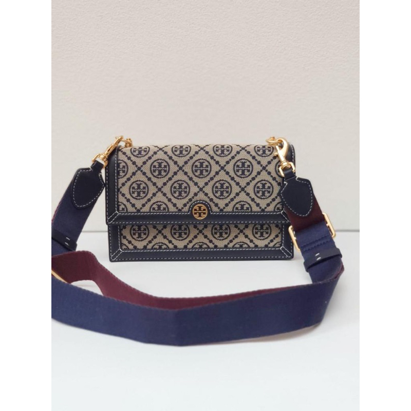 TB T Monogram Jacquard Shoulder Mini Navy Sz 22x13.5