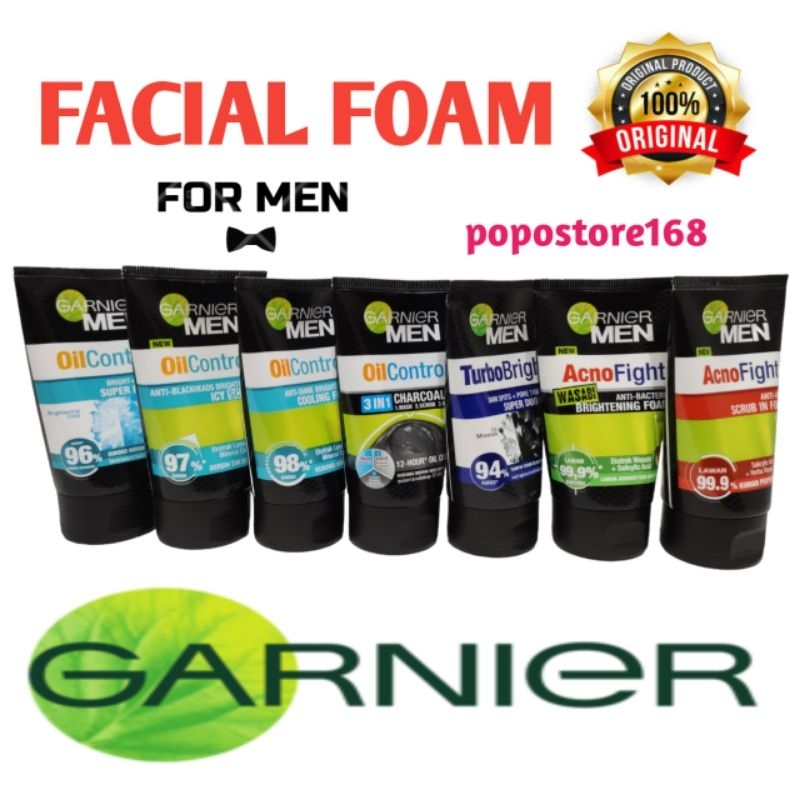 GARNIER MEN FACIAL FOAM 100ML CHARCOAL/ ACNO FIGHT/ TURBO BRIGHT/ OIL CONTROL/ WASABI/ GARNIER MEN 1