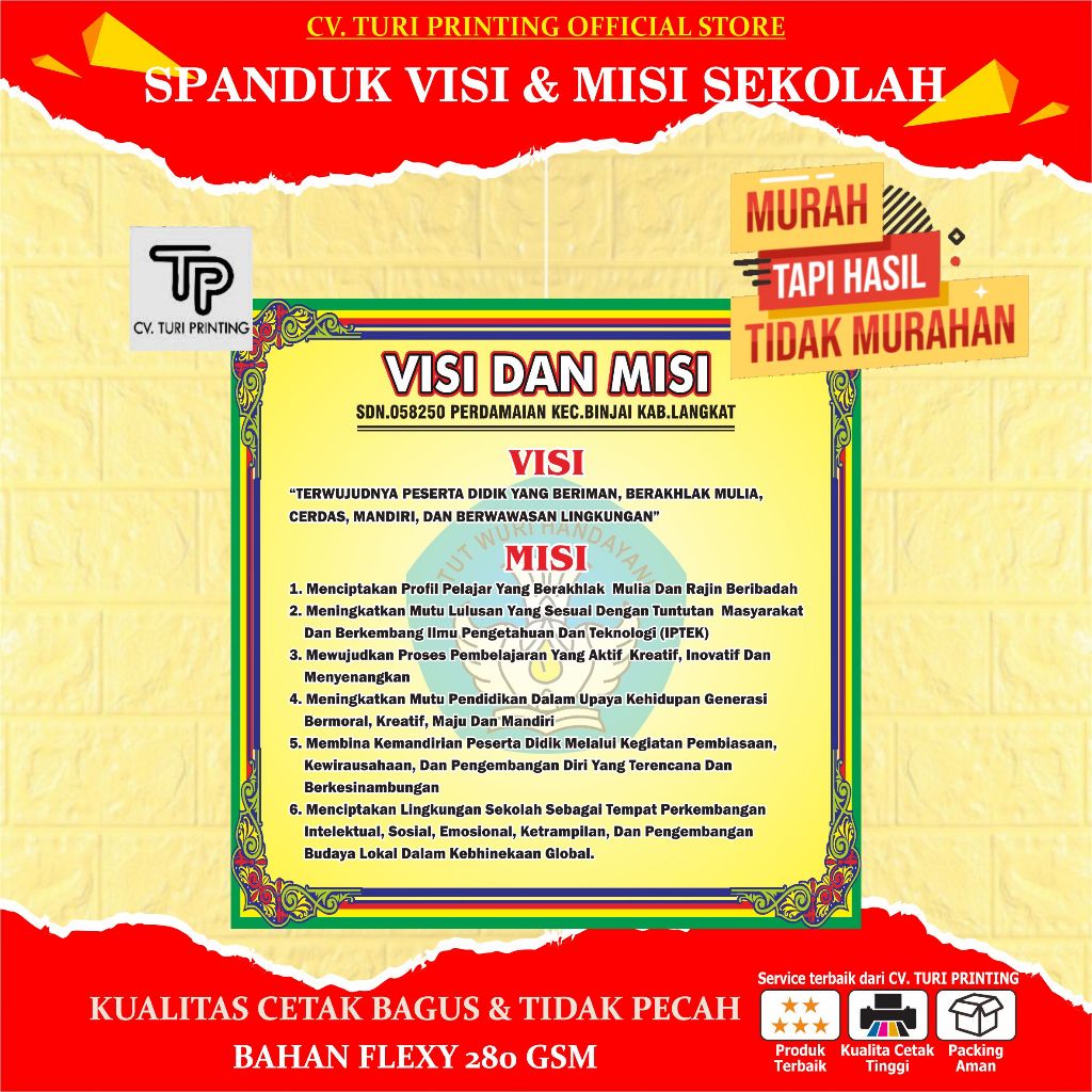 SPANDUK VISI & MISI SEKOLAH, DINAS, KEMENTRIAN, INSTANSI UK. 100 x100 cm
