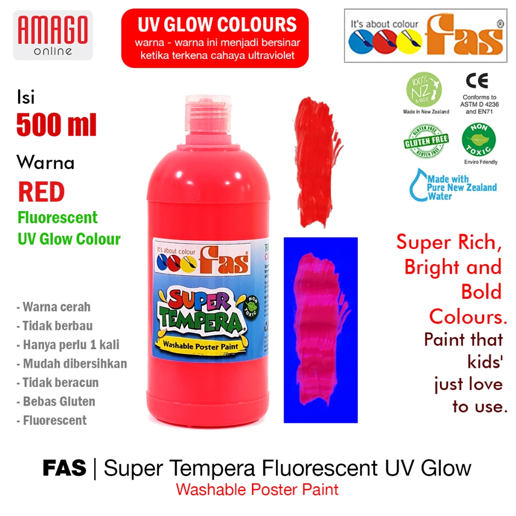 

Cat Poster Lukis FAS Super Tempera Fluorescent UV Glow Paint Washable - 500 ml - Red