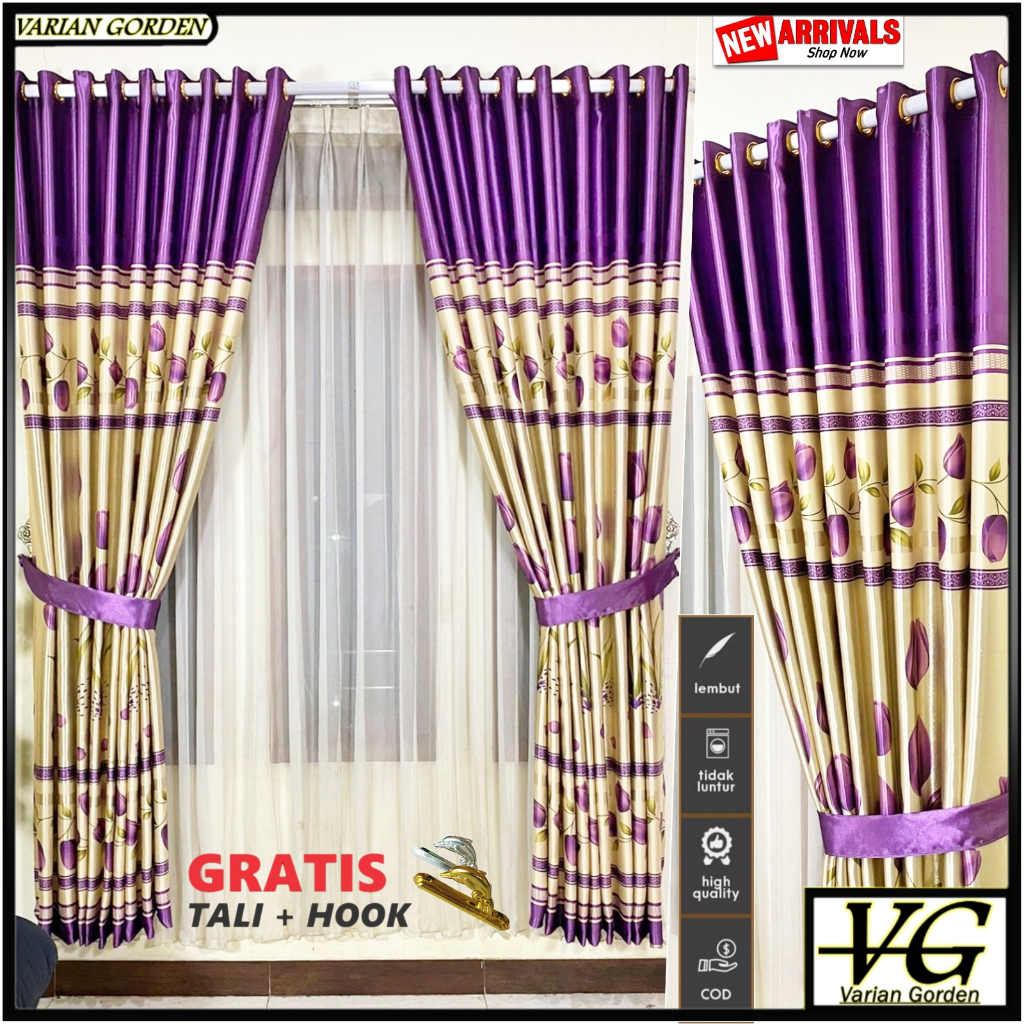 Gorden Besar Untuk Ruang Tengah Bahan Blackout Bunga Tulip 10 Gelombang 20 Ring Gold Dan Silver