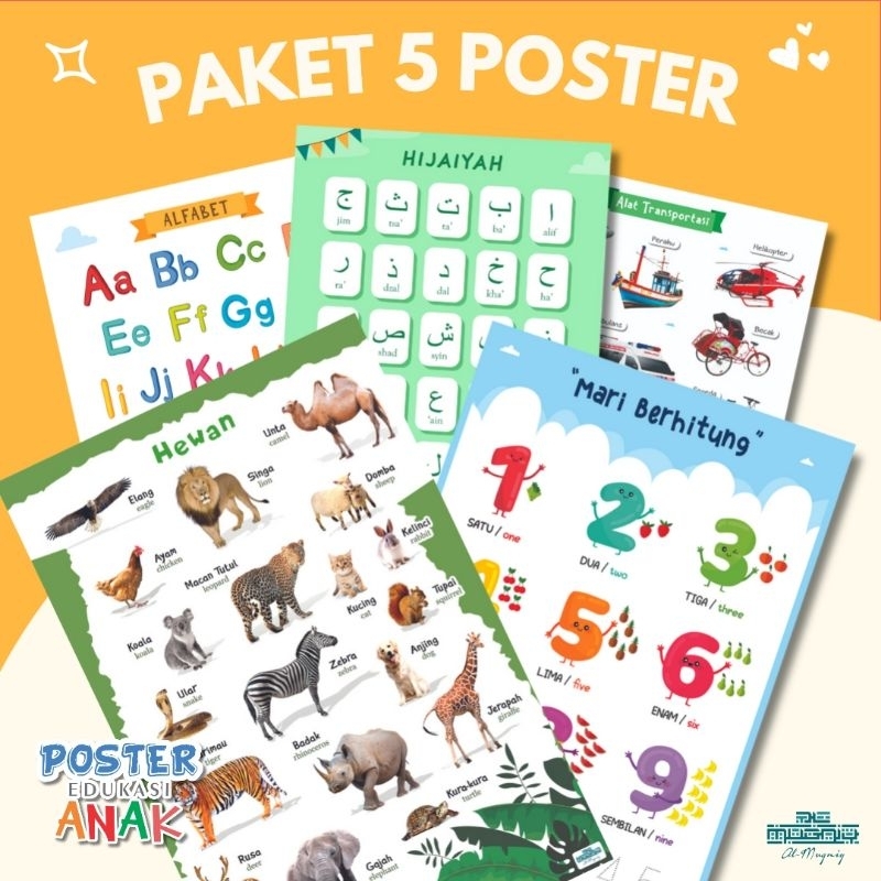 PAKET 5 POSTER - Paket Poster Edukasi Anak - BONUS SPIDOL wipe and clean (alfabet, hijaiyah, angka, 
