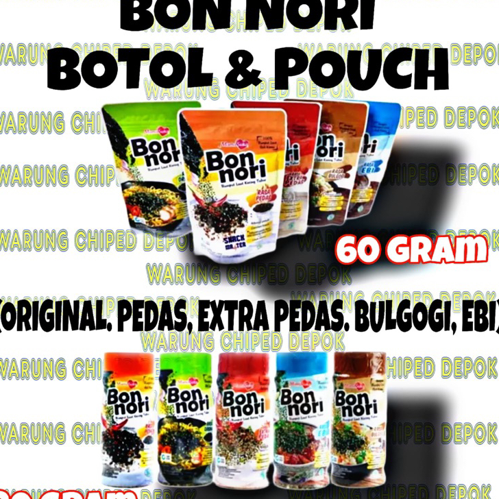 

Stok Banyak Bon Nori 30gr & 60gr / Bon nori orignal / Bon nori pedas / Extra pedas / Ebi / Bulgogi botol pouch