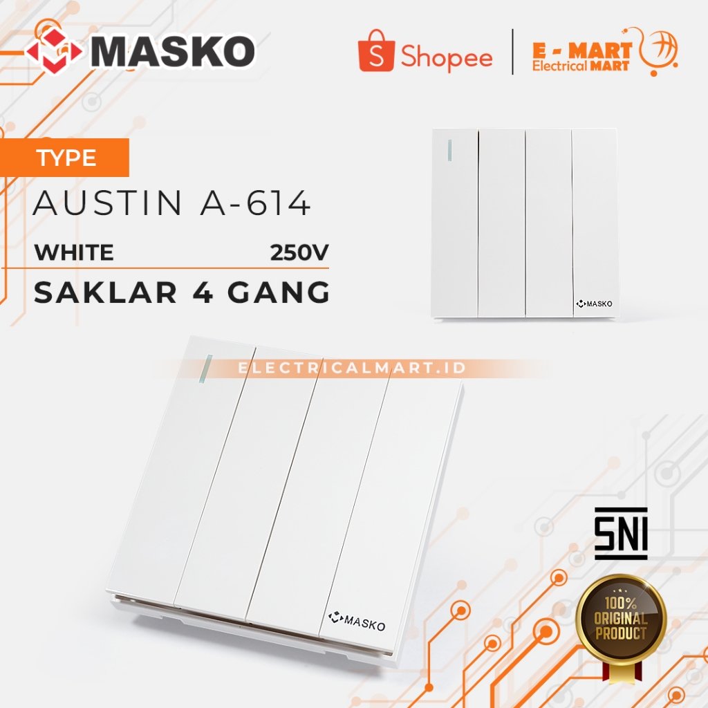 MASKO AUSTIN Saklar 4 GANG Putih A-614 LUXURY Cetekan Masko Minimalis