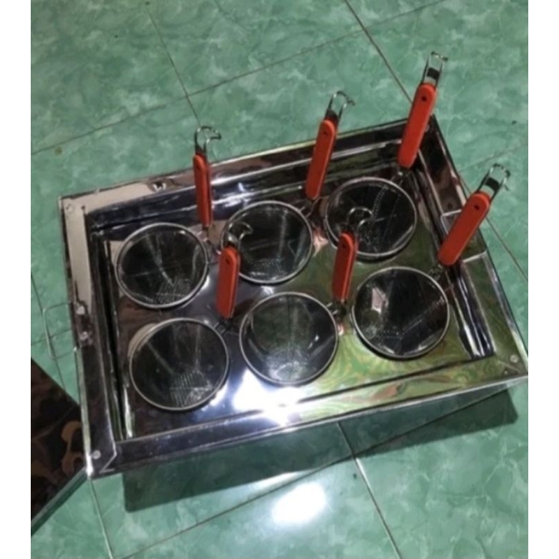 DANDANG MIE AYAM KOTAK LUBANG 6 TONG MIE AYAM BAKSO CUANKI LUBANG 6 STAINLESS STEEL + 6 SARINGAN