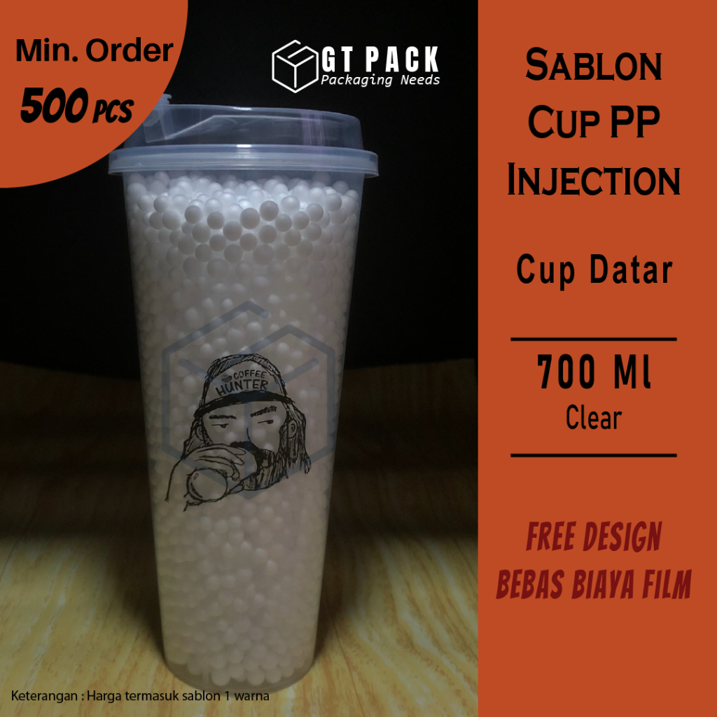 Sablon Cup Plastik PP Injection Datar 700 ML (Clear) + Tutup