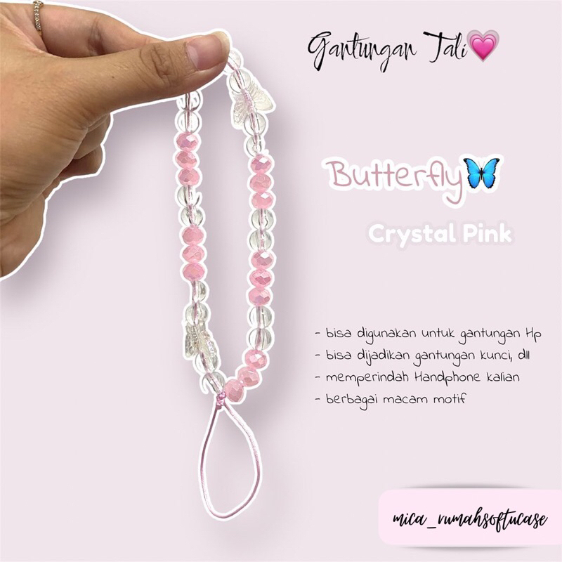 Gantungan HP bracelet butterfly pink gelang / Lanyard HP estetik / Phone Strap Beads / Tali HP / Str