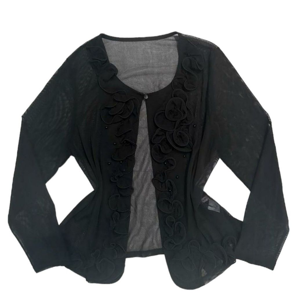 Rosette Ruffle Cardigan | One Button Beads Cardi Outer Mesh Grunge Gothic jepang y2k Jacket jaket ma