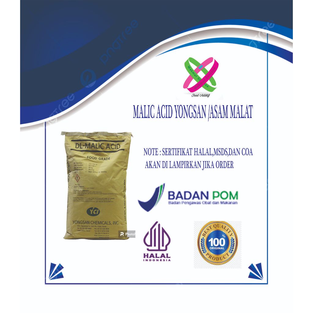 

MALIC ACID / ASAM MALAT FOOD GRADE MUI BERSERTIFIKAT HALAL MUI PACKINGAN 1 KG DAN 25 KG