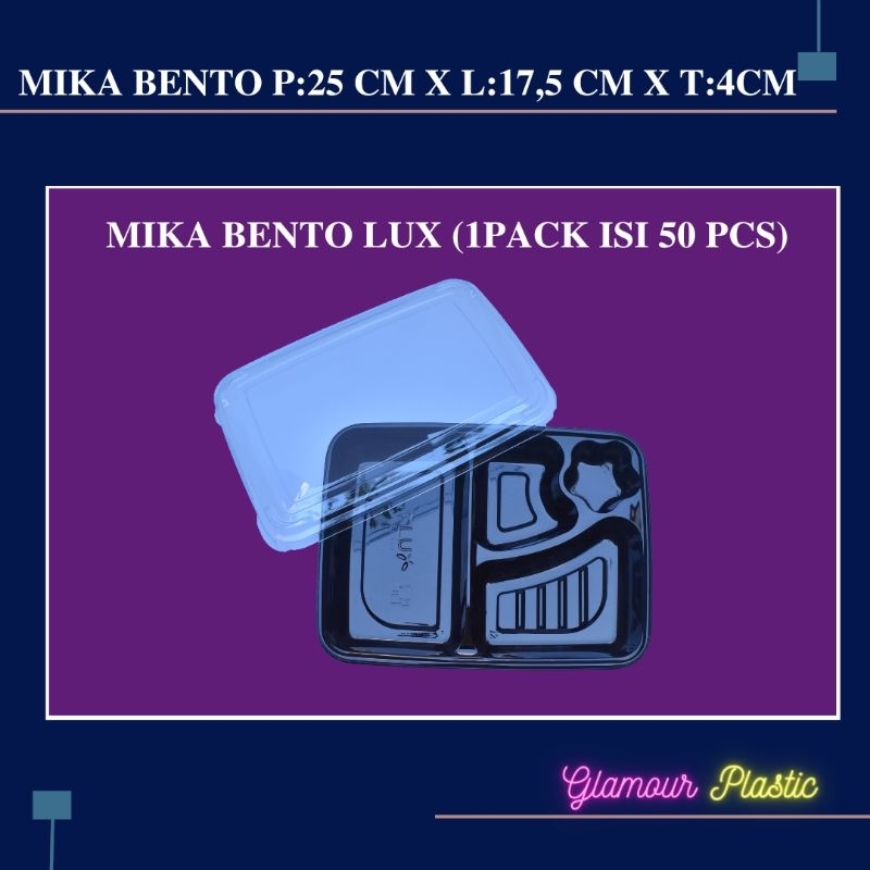 Mika Bento 4 Sekat MERK LUX Warna Hitam (1 Pack Isi 50 Pcs) Beserta Tutup Ukuran P:25 cm x L:17,5 cm