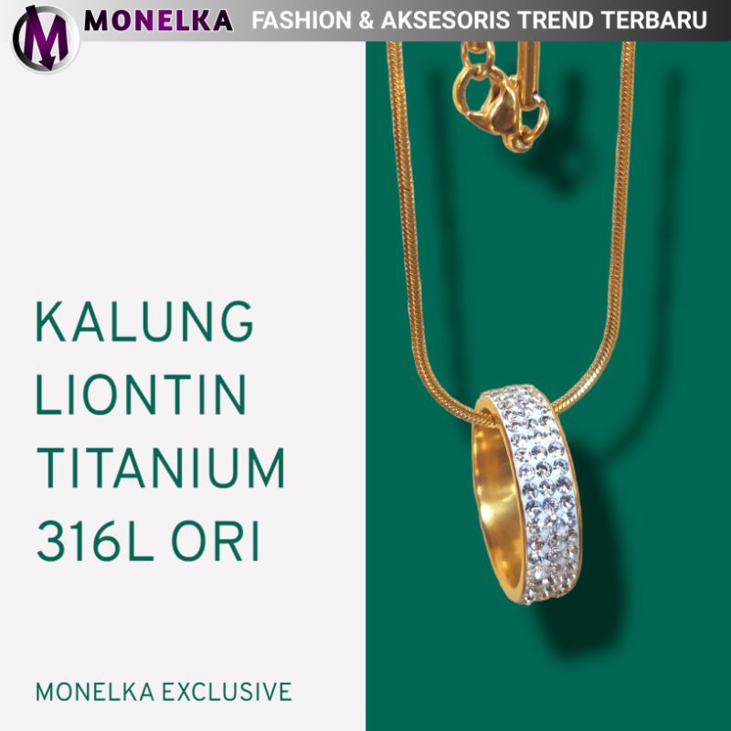 Monelka- Kalung Wanita Pria Liontin Ring Gold Emas | Kalung Titanium Bandul Permata Diamond Love