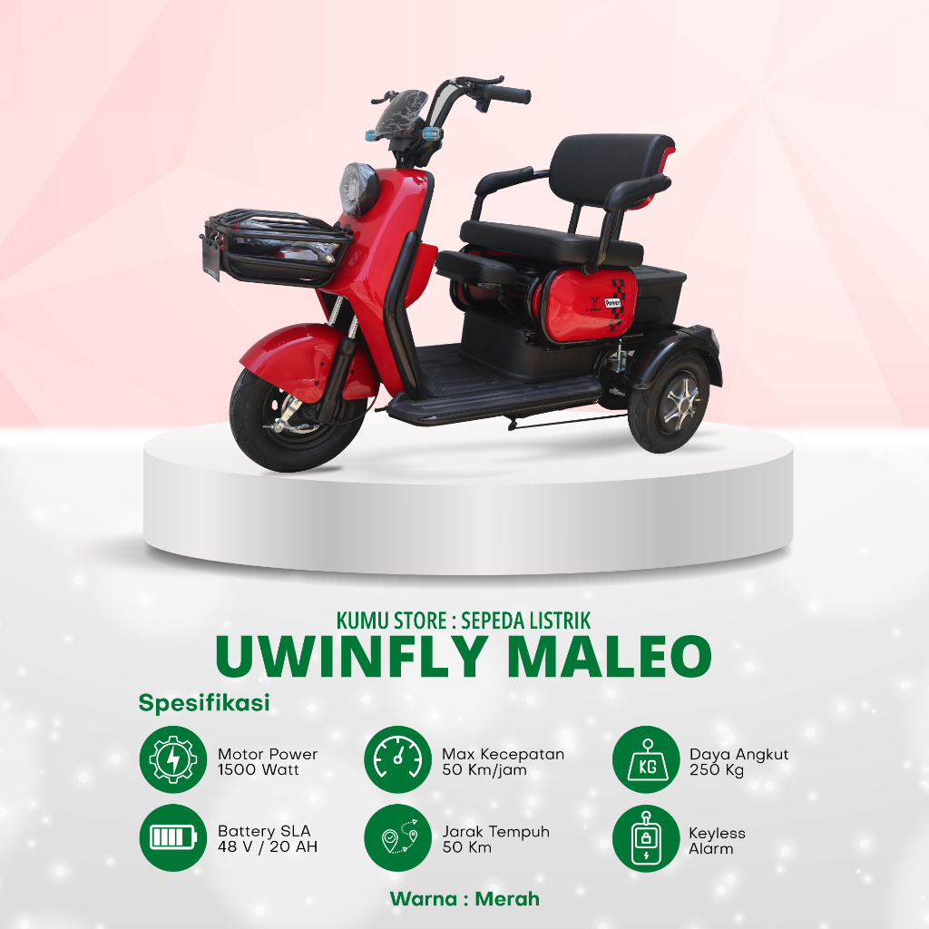 Uwinfly New Maleo Sepeda Motor Listrik 3 Roda Merah Garansi Limited