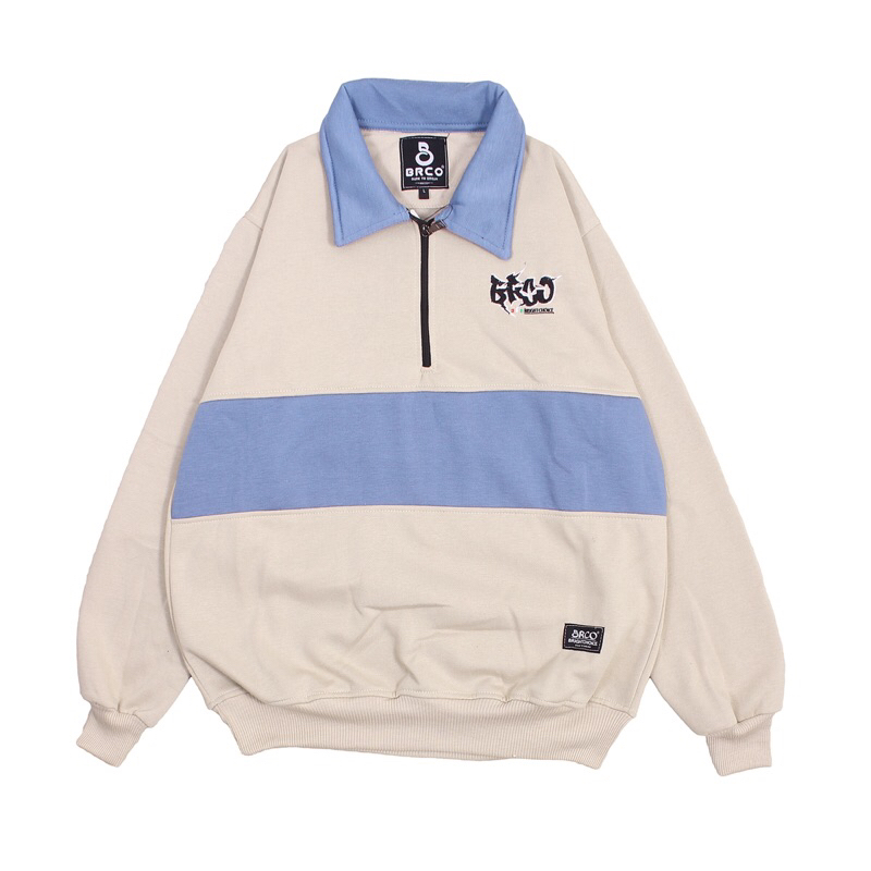 BRCO Jaket Halfzip Vintage Rugby Kombinasi  Unisex Pria Wanita Cream List Denim
