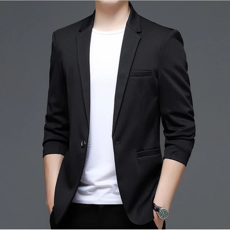 Jas - Blazer Pria Hitam Formal Bahan Wolfis Super Jetblack