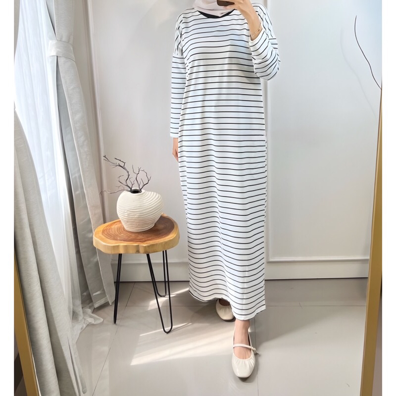Winy Basic Stripes Dress Motif Salur Babyterry Import / Gamis Salur / Gamis Kaos / Dress Salur / Gam