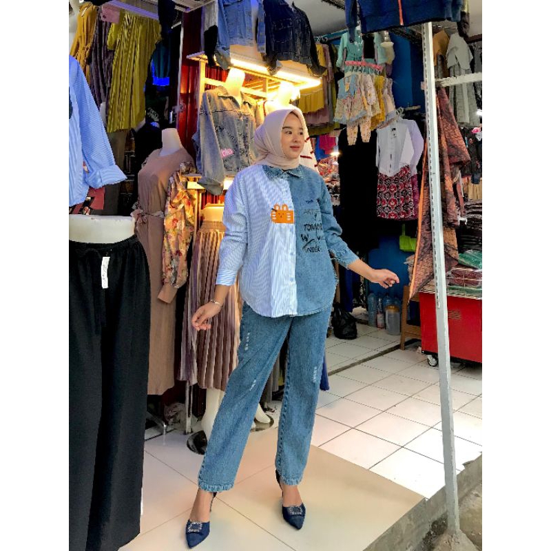 Set Kemeja katun salur kombinasi Jeans