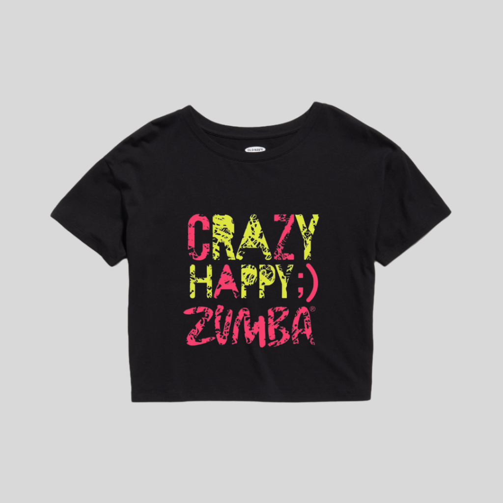 Clothing May - Kaos Crop Top Crazy Happy Zumba warna warni Tshirt Croptop Putih Hijau Neon Merah