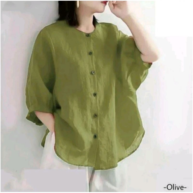 BLOUSE WANITA LINEN LEHER SHANGHAI JUMBO KEMEJA WANITA PREMIUM KERAH SHANGHAI