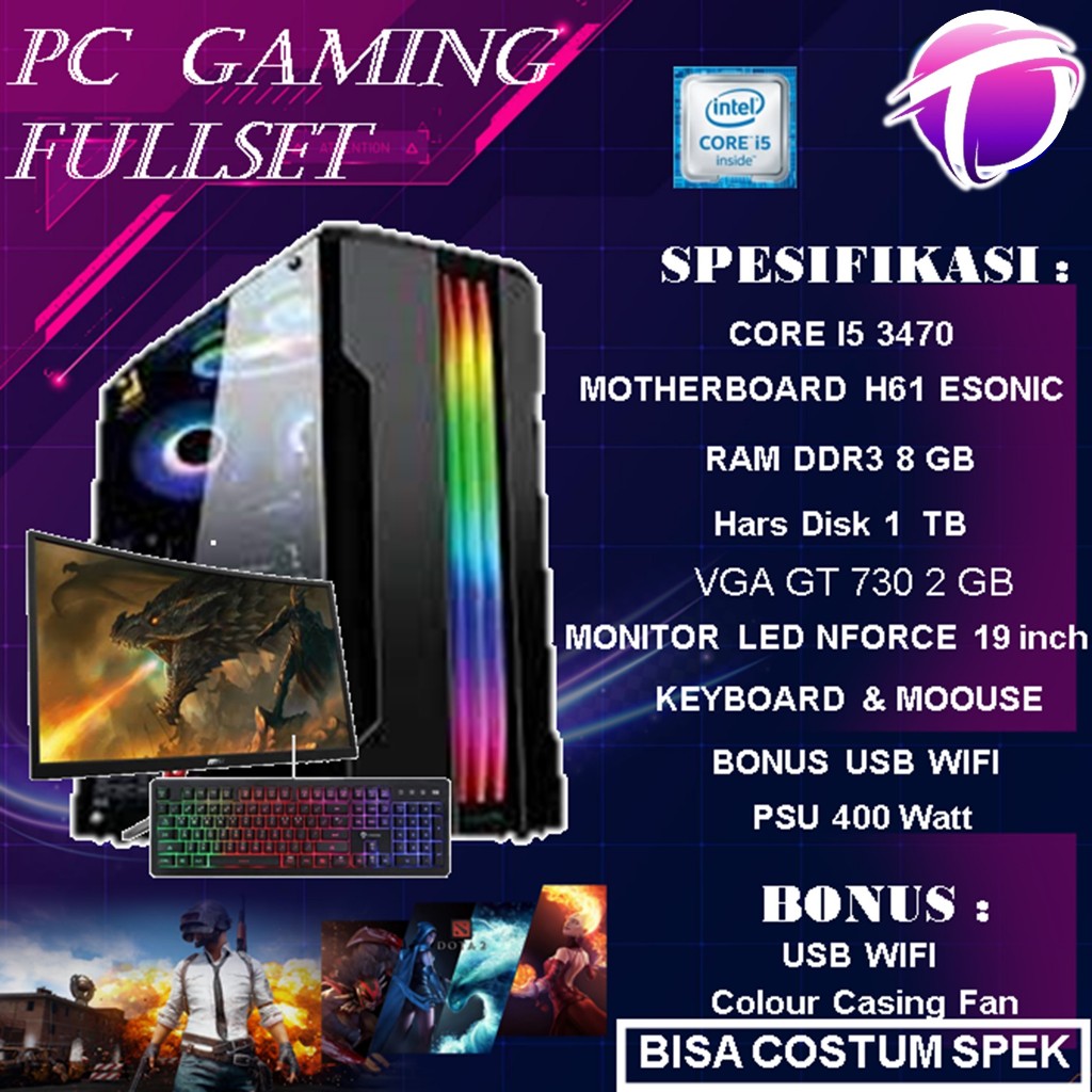 Pc Gaming Komputer Rakitan Cpu Full Set Murah Core I5 3470 Fullset 4 Jutaan VGA GT 730 2 GB