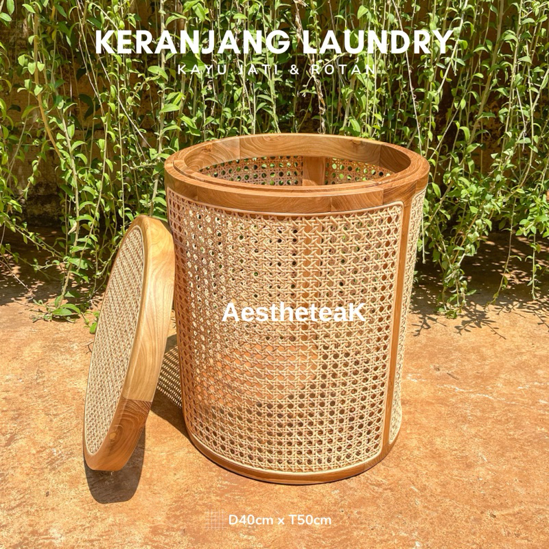 Keranjang Laundry Kayu Jati Rotan Minimalis