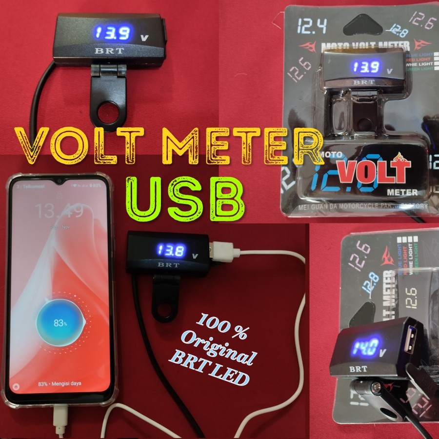 VOLTMETER USB 2in1 BRT LED volt meter waterproof charger HP DAN NYALAKAN LAMPU SOROT BREKET SPION mo