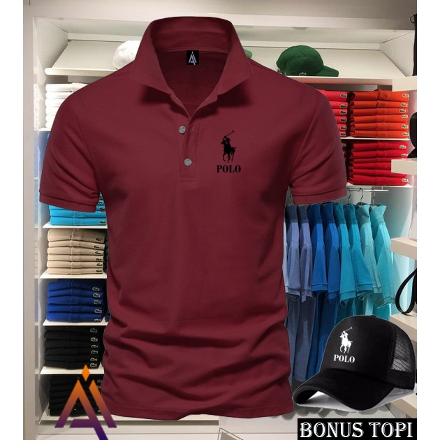 Bonus Topi . Kaos Kerah Pendek Ralph Text Hitam Terbaru  Baju Lengan Pendek Premium Quality >Af_Fash