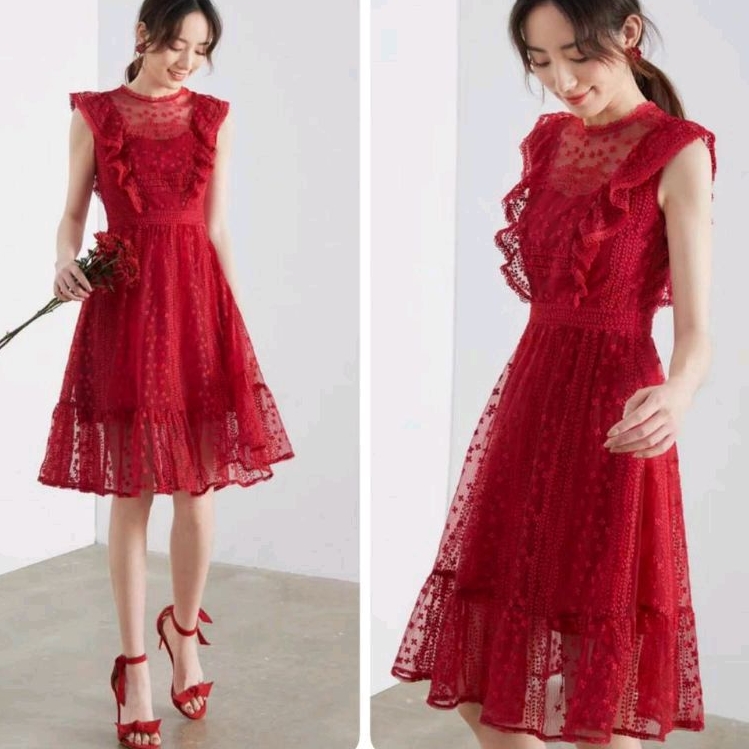 0970 Baju minidress CNY VERO LACE BROKAT RUFFLE REMPEL MINI DRESS hijau maroon katbol dres Korea Kor