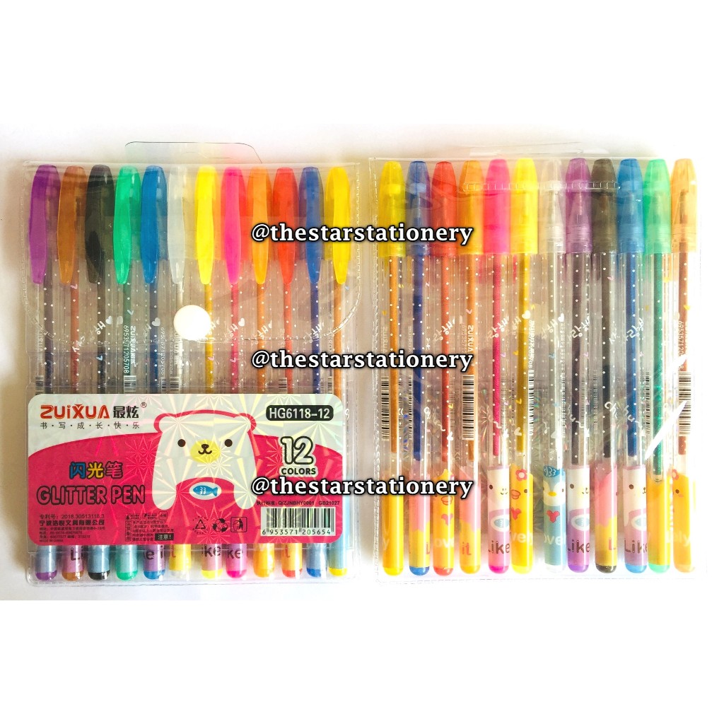 

(1 Set isi 12 Warna) GROSIR Gelpen Zuixua HG6118-12 1.0 Glitter Pen Neon Color