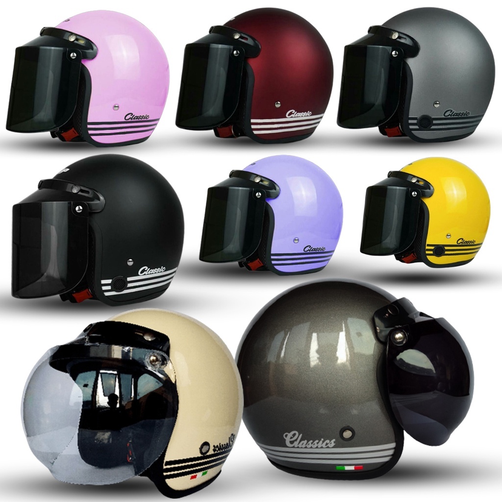 Helm Bogo Polos Classic Dewasa Kaca Datar / Kaca Cembung Hitam Bening Untuk Pria Dan Wanita Dewasa F