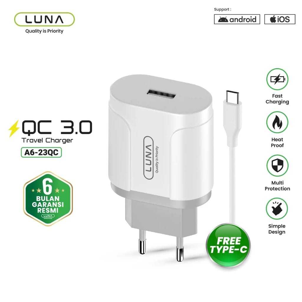 Travel charger LUNA A6-2APC QC3.0 FAST CHARGING type C