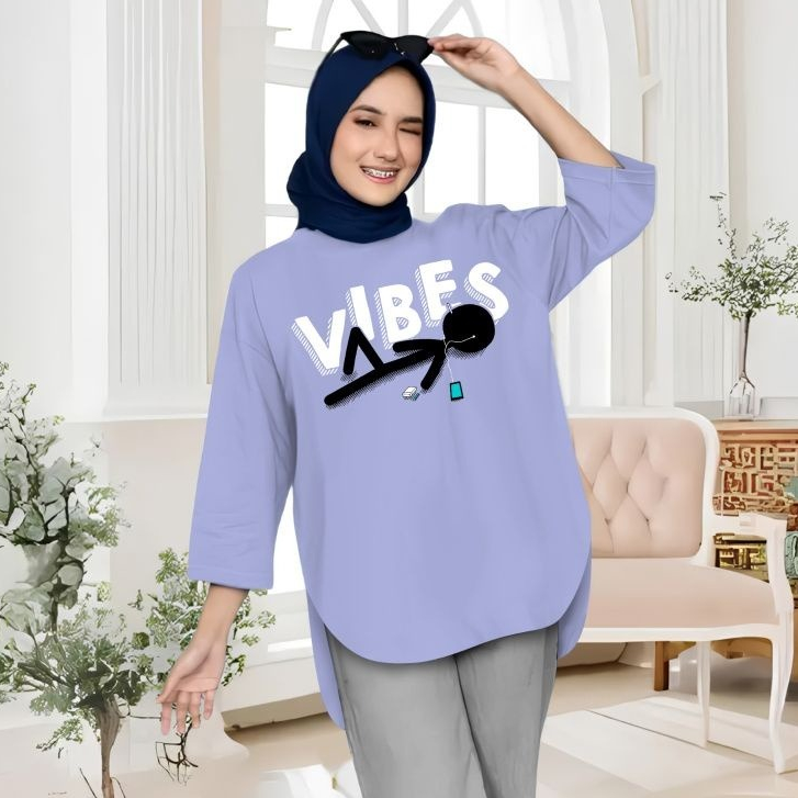 Kaos Oversize Wanita Vibes Blouse Bahan Kaos Katun Combed Aplikasi Sablon Size S -XXXL Ld 90 - 120 C