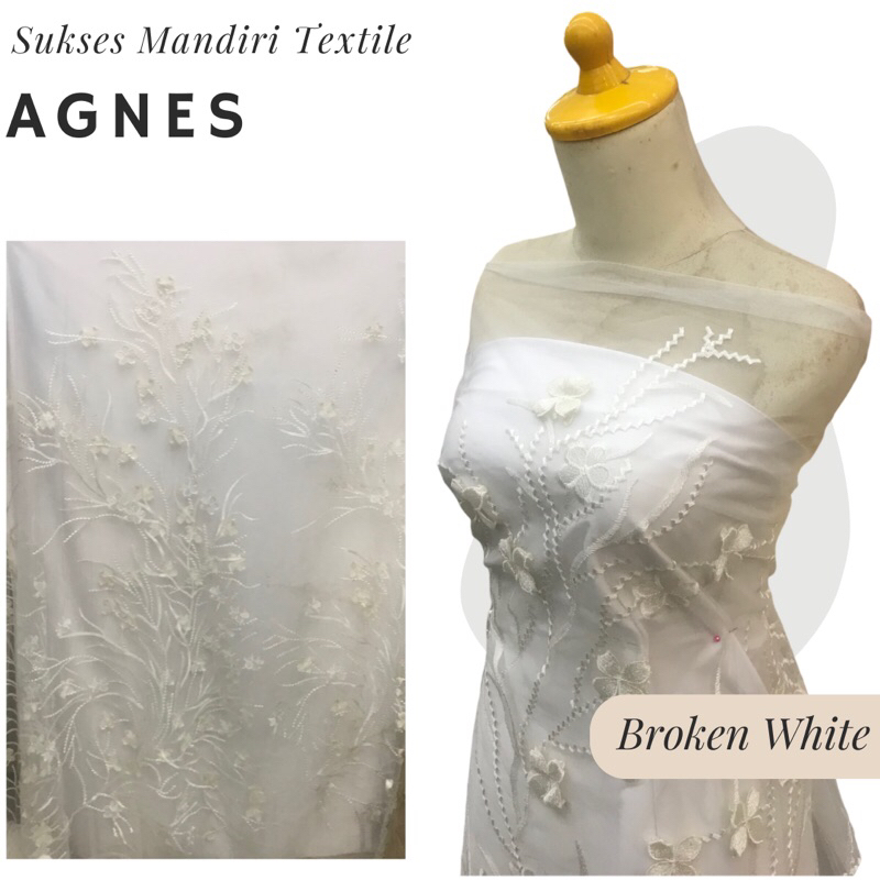 [AGNES] Tile Brokat 3D Bunga Timbul Warna Broken White, Harga per 1/2 meter = 50 cm BAHAN KAIN BRUKA