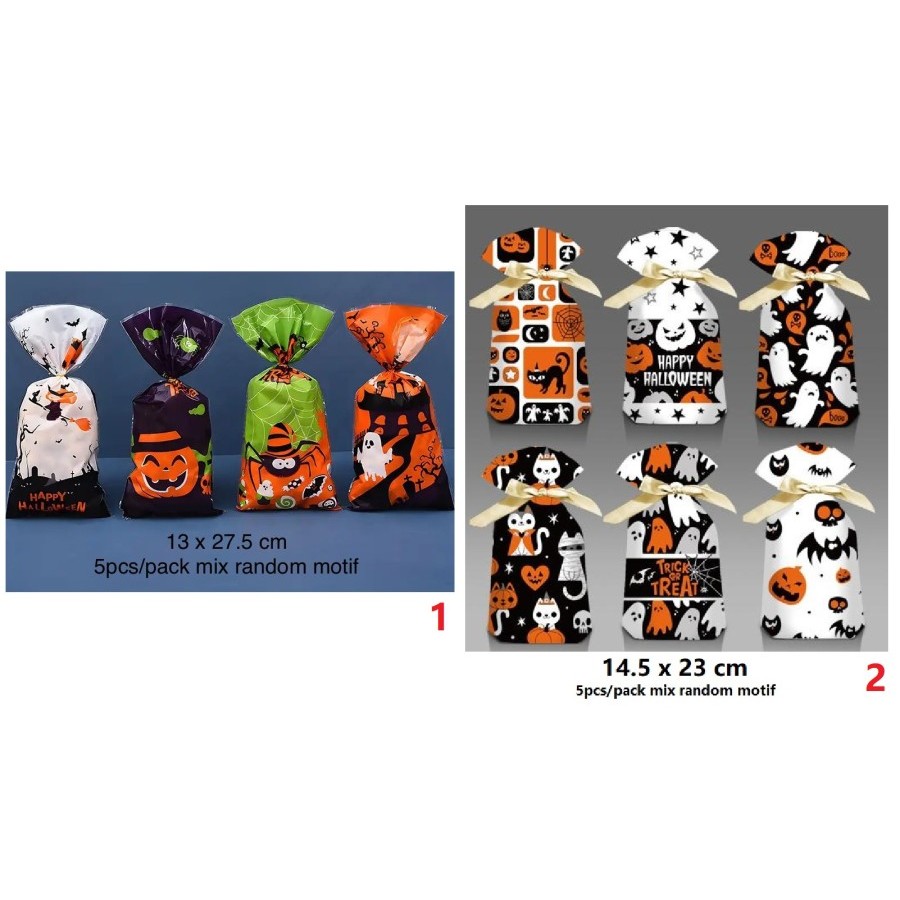 

Halloween plastic goodie bag trick or treats 5pcs mix motif kantong