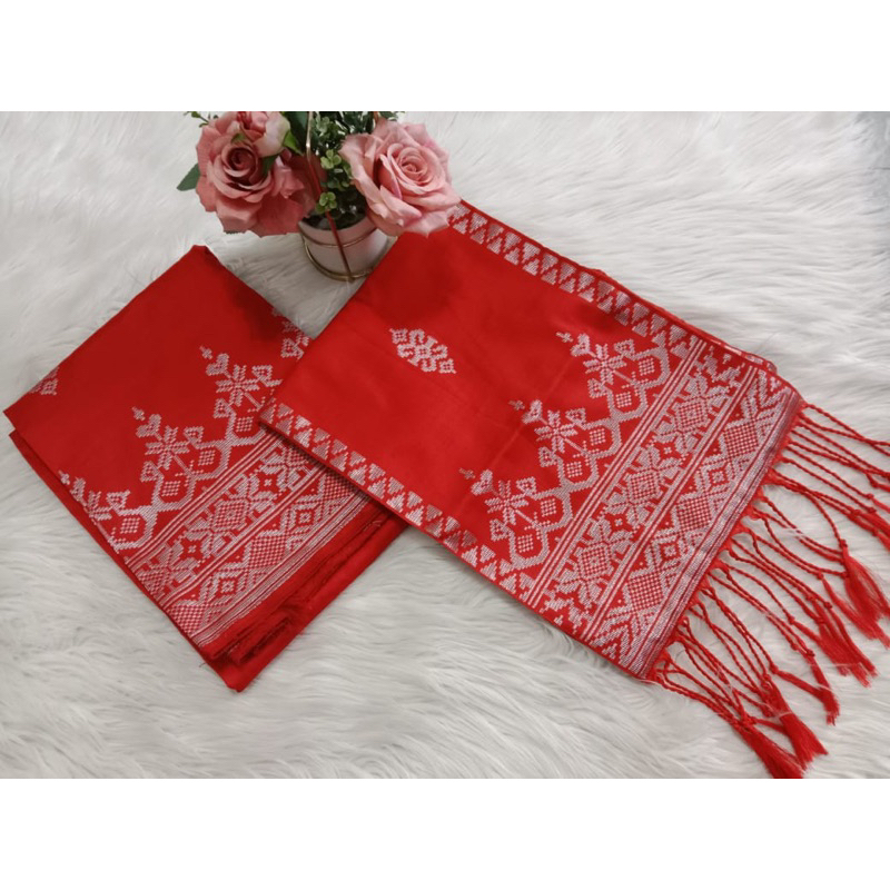 songket silungkang warna merah cabe silver