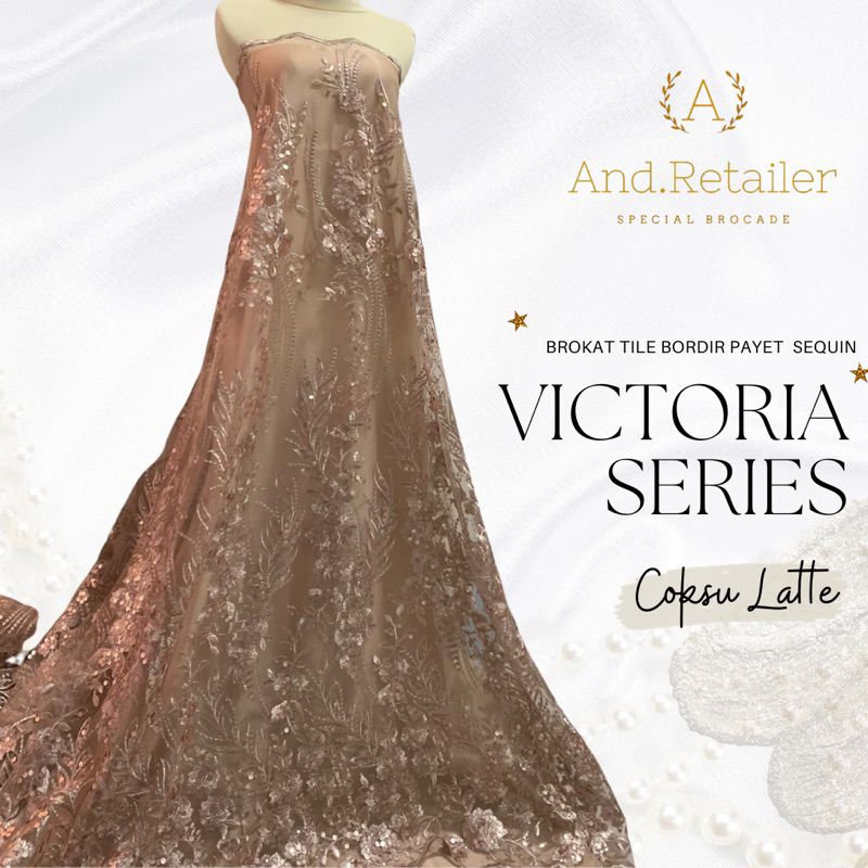 Bahan Kebaya Mewah Tile Brukat Mewah Spangle Payet Victoria Warna Coksu Latte